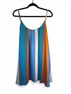 Adrienne Colorblock Swing Dress Blue Orange Striped Flowy Medium
